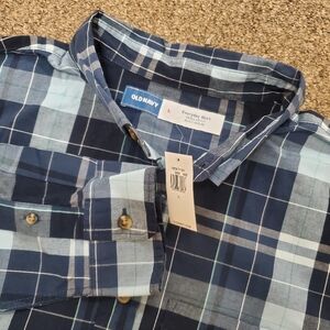 NEW Old Navy Button Down Mens Large Regular Fit blue check Long Sleeve pocket